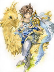  1boy armor bartz_klauser belt boco brown_eyes brown_hair cape chains chocobo circlet commentary_request dissidia_final_fantasy feathers final_fantasy final_fantasy_5 fingerless_gloves gloves grass hand_up issun_boushi_(ilmtkimoti) pants riding shirt shoulder_armor simple_background sitting sleeveless sleeveless_shirt tongue tongue_out traditional_media watercolor_pencil_(medium) white_background white_pants white_shirt 