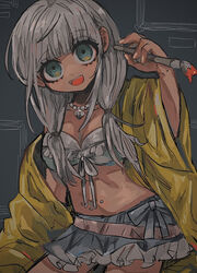  :d bad_id bad_pixiv_id bikini bikini_top_only bikini_under_clothes blue_eyes blunt_bangs blush breasts cleavage collarbone commentary danganronpa_(series) danganronpa_v3:_killing_harmony dark_skin female frilled_skirt frills front-tie_bikini_top front-tie_top highres holding jacket jewelry kara_aren long_hair looking_at_viewer low_twintails necklace no_shirt off_shoulder open_clothes open_mouth paintbrush skirt smile solo swimsuit twintails yellow_jacket yonaga_angie 