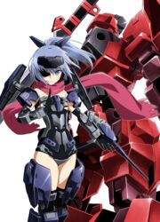  absurdres arm_cannon bare_shoulders black_gloves black_legwear black_leotard blue_eyes blue_hair elbow_gloves female frame_arms frame_arms_girl gloves green_eyes headgear high_ponytail highres jinrai_(frame_arms) jinrai_(frame_arms_girl) kumichou_(ef65-1118-ef81-95) leotard looking_at_viewer mecha mecha_musume robot scarf short_hair strapless strapless_leotard sword thighhighs thighs weapon white_background 