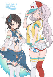  2girls artist_name ass asymmetrical_legwear bare_shoulders baseball_cap blue_dress blue_eyes blue_nails blush bottle braid braided_bangs breasts brown_hair character_name closed_eyes closed_mouth clothes_lift clothing_cutout commentary cosplay costume_switch detached_sleeves dress dress_lift english_commentary french_braid gem grin hand_on_headwear hat highres hololive hololive_indonesia jewelry kneepits large_breasts light_purple_hair logo_parody long_hair looking_at_viewer looking_back medium_breasts mismatched_legwear multiple_girls navel navel_cutout necklace oozora_subaru oozora_subaru_(1st_costume) oozora_subaru_(cosplay) pavolia_reine pavolia_reine_(1st_costume) pavolia_reine_(cosplay) pocari_sweat red_headwear red_thighhighs shirt short_hair short_shorts short_sleeves shorts side_braid smile sparkle striped_clothes striped_shirt sweatband swept_bangs t-shirt thighhighs thighs tied_shirt two-tone_dress two-tone_shirt vertical-striped_clothes vertical-striped_shirt very_long_hair vinhnyu virtual_youtuber water_bottle white_dress white_legwear white_shirt white_shorts yellow_shirt 