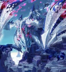  aisutabetao blue_sky claws cloud dragon dragon_tail dragon_wings energy highres monster_hunter_(series) monster_hunter_xx mountain no_humans sky tail valstrax wings 