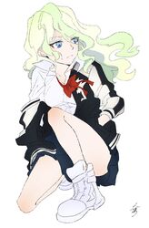  blonde_hair blue_eyes cosplay crossover diana_cavendish female full_body highres jacket kill_la_kill light_green_hair little_witch_academia matoi_ryuuko matoi_ryuuko_(cosplay) mochirou_(giri_choco_inverse) red_ribbon ribbon shirt shoes sitting sneakers solo source_request sukajan trigger_(company) white_background white_footwear white_shirt 