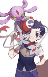  1boy arm_behind_back black_hair blush closed_mouth commentary_request floating_scarf hat highres looking_at_viewer lucas_(pokemon) male_focus mesprit pants pokemon pokemon_(creature) pokemon_dppt red_headwear red_scarf scarf short_hair short_sleeves smile sora_no87 split_mouth 