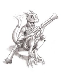  0laffson 2020 4_fingers 4_toes accessory anklet anthro blunderbuss bottomwear buckle clothing feet fingers foot_wraps furgonomics furry-specific_piercing graphite_(artwork) gun hi_res holding_gun holding_object holding_ranged_weapon holding_weapon horn horn_jewelry horn_piercing horn_ring jewelry kobold looking_aside male monochrome motion_lines necklace pencil_(artwork) piercing poleyn ranged_weapon ring_(jewelry) shadow signature simple_background sitting smile solo straps tail tail_accessory tail_bracelet tail_jewelry tail_motion tailwag toes torc traditional_media_(artwork) weapon white_background wraps wrist_wraps 