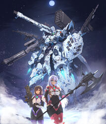  2girls absurdres axe breasts brown_hair commission dark-skinned_female dark_skin english_commentary expressionless extra_arms glowing glowing_eye green_eyes grey_hair gun highres holding holding_axe holding_gun holding_shield holding_weapon long_hair looking_at_viewer mecha medium_breasts missile_pod multiple_girls one-eyed original pilot_suit red_eyes robot science_fiction shield shoulder_cannon star_(symbol) syaha v-shaped_eyebrows veil very_long_hair weapon 