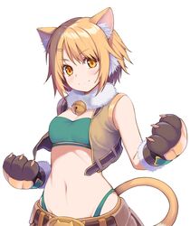  animal_ear_fluff animal_ears animal_hands bad_id bad_twitter_id bandeau bare_shoulders bell belt blonde_hair blush breasts brown_belt cat_ears cat_girl cat_paws cat_tail cleavage closed_mouth commentary cowboy_shot female fur-trimmed_gloves fur_collar fur_trim gloves green_bandeau groin hair_between_eyes hair_ornament hairclip highleg highres hiyori_(princess_connect!) jingle_bell looking_at_viewer medium_breasts midriff navel open_clothes open_vest orange_hair paw_gloves princess_connect! ribucci short_hair shorts sidelocks simple_background smile solo split_mouth standing strapless symbol-only_commentary tail tube_top vest white_background yellow_eyes yellow_shorts yellow_vest 