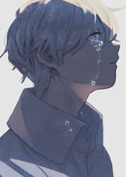  1boy aky_ami alternate_body_fluid blue_eyes collared_shirt commentary crying eyelashes glowing_tears looking_away male_focus original portrait profile shirt simple_background solo star_(symbol) star_tears streaming_tears symbol-only_commentary tears white_background white_hair 