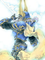  1boy armor black_shirt blue_eyes breastplate cape commentary_request cowboy_shot dissidia_final_fantasy fake_horns final_fantasy from_side gauntlets hand_up helmet holding holding_sword holding_weapon horned_helmet horns issun_boushi_(ilmtkimoti) long_hair male_focus pouch shirt shoulder_armor simple_background solo sword traditional_media warrior_of_light_(ff1) watercolor_pencil_(medium) weapon white_background white_hair 