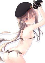  arched_back arms_up ass bare_shoulders beret bikini black_bikini black_gloves black_hat blush breasts brown_hair chains commentary copyright_request cuffs female fingerless_gloves gloves hair_between_eyes hat long_hair looking_at_viewer looking_to_the_side low_twintails micro_bikini purple_eyes small_breasts solo swimsuit symbol-only_commentary twintails very_long_hair white_background yuki_(yukin0128) 