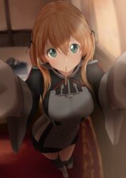  anchor_hair_ornament aqua_eyes black_skirt blonde_hair blurry blurry_background blush breasts commentary_request depth_of_field enoshito female food gloves hair_ornament highres incoming_pocky_kiss indoors jacket kantai_collection large_breasts long_hair looking_at_viewer low_twintails microskirt military military_uniform mouth_hold partial_commentary pleated_skirt pocky pocky_kiss pov prinz_eugen_(kancolle) reaching reaching_towards_viewer skirt smile solo standing thighhighs twintails uniform white_gloves 