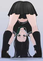  bent_over black_footwear black_serafuku black_socks blue_background commentary_request female forehead from_behind frontbend fuku_(fuku12290574) full_body gradient_background green_neckerchief grey_background grey_eyes highres kneehighs legs looking_at_viewer looking_through_own_legs midriff miniskirt navel neckerchief original pleated_skirt school_uniform serafuku short_sleeves skirt socks solo thighs upshirt 