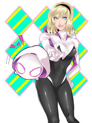  ^^^ animification blonde_hair blue_eyes bodysuit breasts closed_mouth disney_tsum-tsum female gii_(bu-chaka) gwen_stacy hairband hand_on_own_hip hood hood_down hooded_bodysuit looking_at_viewer marvel mask photoshop_(medium) short_hair simple_background skin_tight smile solo spider-gwen spider-man_(series) spider_web_print superhero_costume 