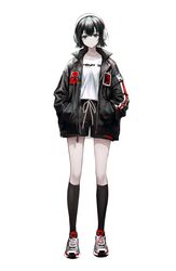  absurdres black_eyes black_hair black_jacket black_shorts black_socks collarbone collared_jacket female full_body grey_footwear hair_between_eyes hand_up hands_in_pockets headphones highres hirose_(10011) jacket kneehighs legs_apart long_sleeves looking_at_viewer open_clothes open_jacket original shirt shoes short_hair shorts sidelocks simple_background sneakers socks solo straight-on thighs white_background white_headphones white_shirt zipper 