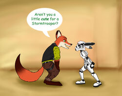  absurd_res anthro armor barefoot canid canine clothed clothing crossover dipstick_tail disney duo feet fox han_solo hi_res judy_hopps lagomorph leporid mammal markings multicolored_tail nick_wilde rabbit red_fox redtriangle size_difference star_wars stormtrooper tail tail_markings text true_fox zootopia 