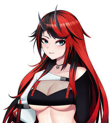  absurdres bikini black_bikini black_hair blue_eyes blush breasts cleavage commentary compression_sleeve demon_girl demon_horns female fishnet_top fishnets highres horns jacket jewelry large_breasts long_hair looking_at_viewer multicolored_hair nanashi_inc. necklace no_eyewear official_alternate_costume parted_lips pendramon red_hair ryugasaki_rene ryugasaki_rene_(2nd_costume) shrug_(clothing) simple_background single_sleeve smile solo striped_clothes striped_jacket sugar_lyric swimsuit two-tone_hair underboob upper_body virtual_youtuber white_background white_jacket 