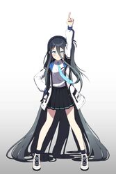  absurdly_long_hair absurdres aris_(blue_archive) arm_up bad_id bad_twitter_id blue_archive blue_eyes blue_hair blush dark_blue_hair female full_body hair_between_eyes highres jacket long_hair long_hair_between_eyes looking_at_viewer necktie pointing pointing_up school_uniform shoes sizque smile solo very_long_hair white_background 