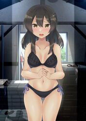  bikini black_bikini black_hair breasts duplicate female frilled_bikini frills grey_eyes hair_ornament hairclip highres kantai_collection looking_at_viewer medium_breasts open_mouth otobi own_hands_clasped own_hands_together oyashio_(kancolle) pixel-perfect_duplicate side-tie_bikini_bottom solo standing storage_room swimsuit thigh_gap vaulting_horse window 