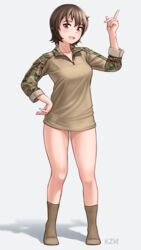  :d absurdres borrowed_character breasts brown_eyes brown_hair brown_shirt brown_socks camouflage camouflage_shirt character_name collarbone combat_shirt commentary_request female full_body green_shirt hand_on_own_hip highres kzm_(sub-moa_works) looking_at_viewer medium_breasts miyamori_chiharu multicolored_shirt open_mouth original partial_commentary pocket pointing pointing_up raglan_sleeves shadow shirt short_hair simple_background sleeves_past_elbows sleeves_rolled_up smile socks solo standing white_background wispy_bangs woodland_camouflage zipper 