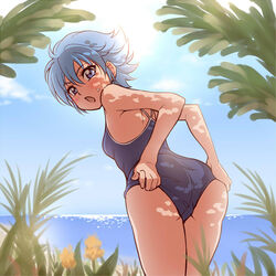  ass bent_over blue_eyes blue_hair blue_one-piece_swimsuit blue_sky blurry blurry_foreground blush breasts commentary_request day embarrassed female from_behind hair_between_eyes highres looking_at_viewer looking_back nishijima_waon ocean ogry_ching one-piece_swimsuit open_mouth outdoors precure school_swimsuit short_hair sky small_breasts solo standing suite_precure sweatdrop swimsuit 