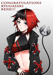  absurdres black_hair black_jacket black_nails black_sports_bra blue_eyes blush breasts chains commentary cropped_jacket demon_girl demon_horns demon_tail ear_chain ear_piercing english_commentary english_text female gradient_background grey_background highres horns jacket looking_at_viewer medium_breasts midriff multicolored_hair nail_polish nanashi_inc. navel open_clothes open_jacket pendramon piercing pointy_ears red_hair red_sports_bra ryugasaki_rene ryugasaki_rene_(1st_costume) short_hair solo sports_bra sugar_lyric tail two-tone_hair two-tone_sports_bra underboob upper_body virtual_youtuber zipper 