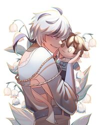  1boy artist_request blade_(nu_carnival) character_doll eiden_(nu_carnival) flower grey_eyes grey_hair highres holding holding_stuffed_toy hugging_doll hugging_object jewelry lily_of_the_valley long_sleeves looking_at_viewer male_focus necklace nu_carnival sharp_teeth short_hair simple_background smile solo stuffed_toy teeth white_background white_flower white_hair 