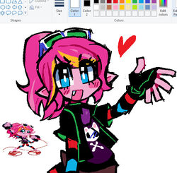  blue_eyes blush blush_lines clothing eyewear eyewear_on_head fangs female fingerless_gloves gloves hair handwear heart humanoid humanoid_pointy_ears mercysstray microsoft_paint missy_kix monster_(moshi_monsters) moshi_monsters not_furry pink_body pink_hair pink_skin reference_image scene_kid shirt solo sunglasses sunglasses_on_head t-shirt teeth toony topwear 