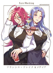  2girls ahoge alternate_costume apron artist_name bartender black_vest blue_eyes blue_hair bow bowtie braid breasts commentary cup drinking_glass english_commentary fate/extra fate/grand_order fate/stay_night fate_(series) francis_drake_(fate) hand_on_own_head hand_on_own_hip holding holding_cup holding_plate large_breasts locked_arms long_hair looking_at_viewer medea_(fate) multiple_girls name_tag olive one_eye_closed photoshop_(medium) plate pointy_ears purple_hair richard_suwono scar scar_on_face shirt side_braid translation_request vest white_background white_shirt 