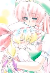  2girls between_breasts blush breasts commentary_request cuddling drooling flandre_scarlet head_between_breasts hong_meiling hug marusuke multiple_girls sleeping touhou wings 