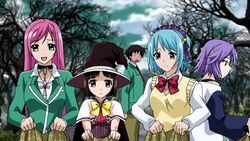  1boy 4girls akashiya_moka aono_tsukune blood kurono_kurumu multiple_girls nosebleed rosario+vampire school_uniform sendou_yukari shirayuki_mizore shuzen_kokoa toujou_ruby 