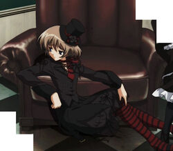  anime_screenshot belt black_dress brown_hair dress female frills goth_fashion hat lace myself_yourself necktie ribbon short_hair skirt socks solo stitched striped_clothes striped_socks third-party_edit wakatsuki_shuri 