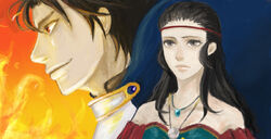  1boy black_hair commentary_request female gensou_suikoden gensou_suikoden_ii grey_eyes jewelry jillia_blight long_hair luca_blight necklace red_eyes saka_miya 