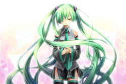  aqua_hair closed_eyes commentary_request detached_sleeves female hair_over_one_eye hatsune_miku kiri_nada long_hair necktie skirt solo thighhighs twintails very_long_hair vocaloid 