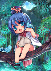  2girls bad_id bad_pixiv_id barefoot binchou-tan binchou-tan_(character) bird bird_on_hand blue_eyes blue_hair blush breath_of_fire fairy fairy_(breath_of_fire) highres japanese_clothes kumuiutabito multiple_girls 