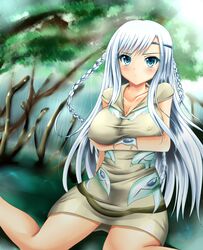  blue_eyes blush braid breast_hold breasts cleavage collarbone cosplay dress duel_angel duel_monster erect_nipples female highres kisara large_breasts long_hair maiden_with_eyes_of_blue_(cosplay) pointy_chin pout sitting solo white_hair yu-gi-oh! yu-gi-oh!_duel_monsters 