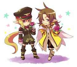  1boy black_hat blonde_hair boots brown_hair demon_girl disgaea female flower gloves hat long_hair lowres makai_senki_disgaea_3 master_big_star pointy_ears rose salvatore_(disgaea) smile star_(symbol) tsuyuka_(sunny_spot) very_long_hair 