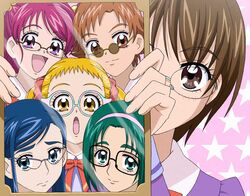  6+girls :d akimoto_komachi bespectacled blonde_hair blue_eyes blue_hair brown_eyes brown_hair eyelashes glasses green_eyes green_hair hairband kasugano_urara_(yes!_precure_5) masuko_mika minazuki_karen mirror multiple_girls natsuhina natsuki_rin open_mouth pink_eyes pink_hair precure school_uniform smile yellow_eyes yes!_precure_5 yumehara_nozomi 