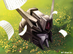  blitz_gundam commentary_request flower grass gundam gundam_seed helmet meadow mecha no_humans paper photoshop_(medium) robot sheet_music zhenlin 