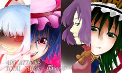  2girls column_lineup commentary_request cut-in disgaea disgaea_team_attack fujiwara_no_mokou gameplay_mechanics multiple_girls parody remilia_scarlet shiki_eiki split_crop tie_(pixiv239104) touhou yasaka_kanako 