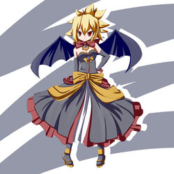  bat_wings blonde_hair bow commentary_request demon_girl detached_sleeves disgaea dress female fictional_sister makai_senki_disgaea_2 pointy_ears red_eyes rozalin solo strapless strapless_dress wings yellow_bow 