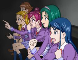  5girls akimoto_komachi blonde_hair blue_eyes blue_hair brown_hair eyelashes gaijin_4koma_(meme) green_hair hairband kasugano_urara_(yes!_precure_5) l&#039;ecole_des_cinq_lumieres_school_uniform long_hair meme minazuki_karen multiple_girls natsuhina natsuki_rin parody pink_hair precure purple_skirt school_uniform skirt three_quarter_view yes!_precure_5 yumehara_nozomi 