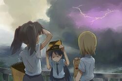  &gt;_&lt; 3girls asasow asou_natsumi back bare_arms black_necktie blonde_hair blue_hair brown_hair carrying carrying_overhead carrying_under_arm closed_eyes cloud cloudy_sky collared_shirt facing_away facing_viewer hand_up hands_up hiding holding kajiwara_sora lightning long_hair multiple_girls necktie outdoors railing scared school_uniform shading_eyes shirt short_hair short_sleeves sketchbook sketchbook_full_colors sky torikai_hazuki twintails very_long_hair white_shirt 