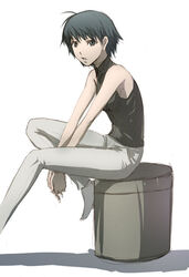  androgynous antenna_hair bare_arms bare_shoulders black_eyes black_hair black_shirt commentary_request female idolmaster idolmaster_(classic) idolmaster_1 kikuchi_makoto pants shirt short_hair simple_background sitting sleeveless sleeveless_shirt solo white_background zou_azarashi 