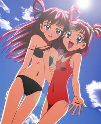  2girls :d bikini blush cloud dark_cure_(yes!_precure_5) dark_dream day embarrassed eyelashes flat_chest light long_hair multiple_girls natsuhina navel one-piece_swimsuit open_mouth pink_hair precure purple_eyes shy sky smile sun sunlight swimsuit yes!_precure_5 yumehara_nozomi 