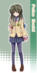  black_pantyhose blazer blue_eyes blue_skirt buttons clannad emblem female full_body holding ibuki_fuuko jacket long_sleeves looking_at_viewer pantyhose photoshop_(medium) pleated_skirt skirt solo standing tomusooya 