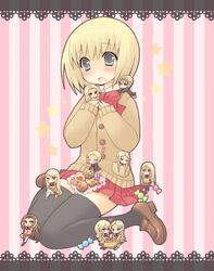  6+girls agatha_(claymore) arms_behind_head black_thighhighs blonde_hair blush brown_hair candy cardigan checkerboard_cookie chibi clare_(claymore) claymore_(series) commentary_request cookie flora_(claymore) food frown galatea_(claymore) grey_eyes happy heart helen_(claymore) holding in_pocket irene_(claymore) jean_(claymore) leaning_back loafers long_hair multiple_girls open_mouth pocopoco pointy_ears shoes short_hair sitting skirt smile star_(symbol) striped striped_background sweets teresa_(claymore) thighhighs undine_(claymore) very_long_hair yuma_(claymore) 