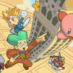  3boys animal_crossing artist_request blonde_hair densetsu_no_stafy dr._wright facial_hair glasses gloves green_hair helmet kirby kirby_(series) knuckle_joe lowres moustache mr._resetti multiple_boys simcity starfy super_smash_bros. 