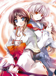  2girls blue_eyes brown_hair hakama hakama_skirt japanese_clothes kashi katana long_hair miko multiple_girls original red_eyes red_hakama school_uniform serafuku silver_hair skirt sword weapon 