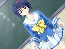  blue_hair bow chalkboard closed_eyes curtsey dutch_angle female game_cg hairband like_life matsushita_makako rakko_(makarakko) rindouji_kizuna school_uniform short_hair skirt_hold solo yellow_bow 