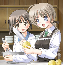  2girls apron bad_id bad_pixiv_id cooking food kitchen_knife knife lynette_bishop miyafuji_yoshika multiple_girls photoshop_(medium) santoku_knife shiumai strike_witches world_witches_series 