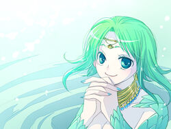  bad_id bad_pixiv_id female green_eyes green_hair hiyo_(hinauf) own_hands_clasped own_hands_together short_hair solo valkyrie_profile_(series) water yumei_(valkyrie_profile) 